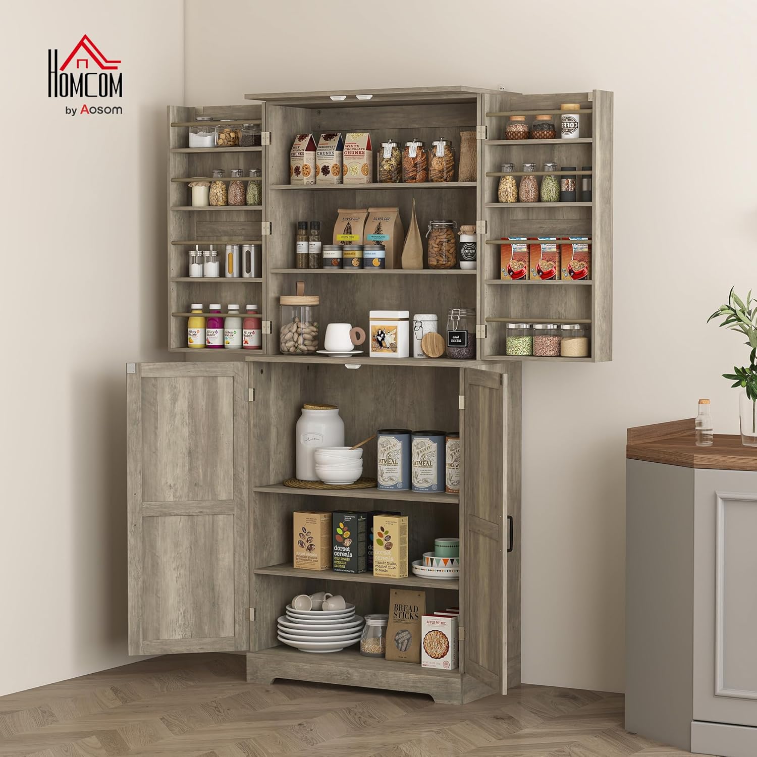 HOMCOM 72" Farmhouse Kitchen Pantry Cabinet, Freestanding Tall Storage Cabinet with 4 Barn Doors, 4 Adjustable Shelves and 8 Door Shelves, Gray Wash