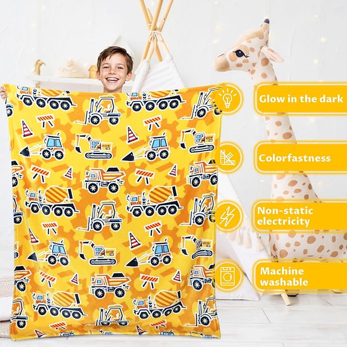 Construction Truck Toys Gifts for Boys Truck Blanket Glow in The Dark Construction Blanket Tractor Blanket for Toddler Boys Excavator for Kids 50x60 inch