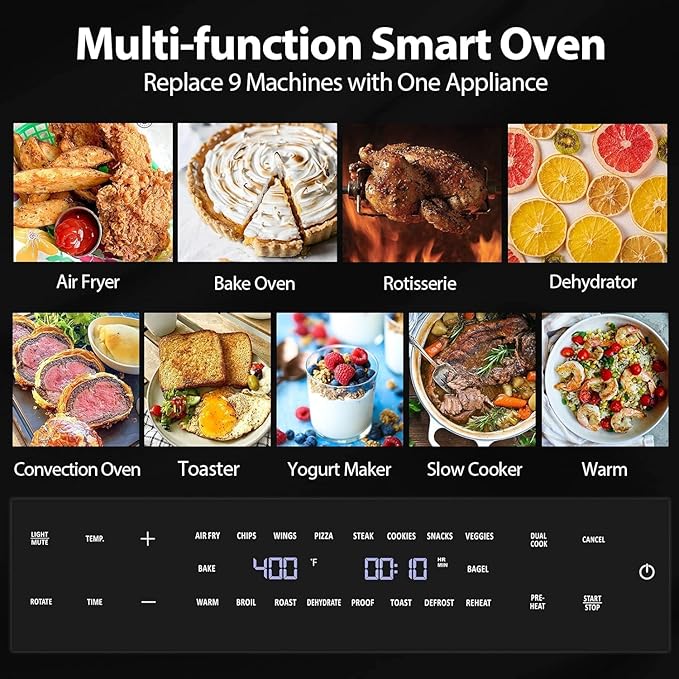 32QT Extra Large Air Fryer, 19-In-1 Air Fryer Toaster Oven Combo with Rotisserie and Dehydrator, Digital Convection Oven Countertop Airfryer Fit 13" Pizza, 1800w, Black