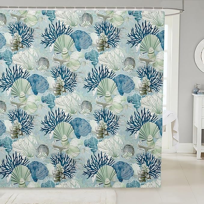 Feelyou Seashell Conch Print Shower Curtain 72"x84" Kids Marine Life Sea Bathroom Shower Curtain Set for Boys Girls Teens Ocean Marine Themed Bath Curtain Coastal Nautical Bathroom Accessories