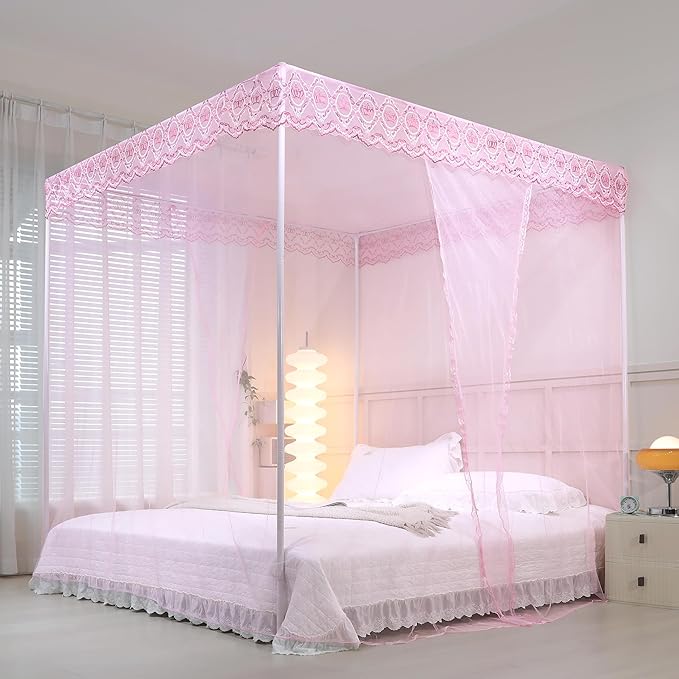 Bed Canopy, Princess Bed Curtain Net for Girls & Adults，Three-Doors Rectangle Lace Dome Netting (Baby Pink, King)