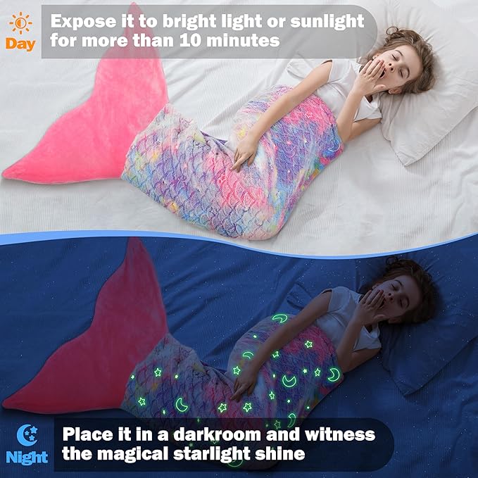 Catalonia Mermaid Tail Blanket for Girls, Glow in The Dark Mermaid Sleeping Bag, Stars and Moon Patterns Pattern, Gift Idea for Kids