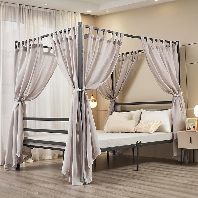 Mengersi Linen Canopy Bed Curtains for Twin,Full,Queen and King Size Bed,Bed Canopy Natural Blended Curtain Panels, 8 Panels Set (All Bed Sizes, Gray)