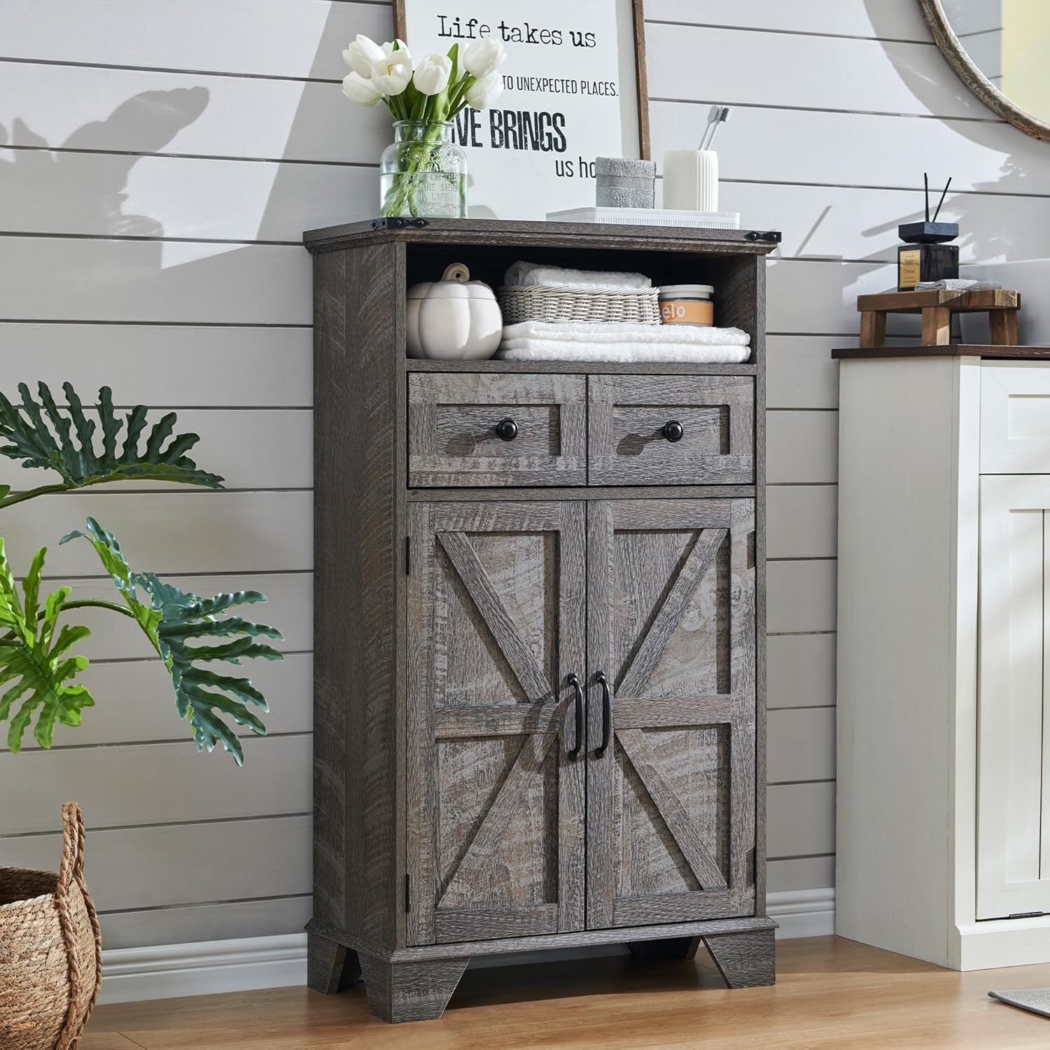 Bathroom Floor Cabinet, Farmhouse 24" Wide Cabinet with Drawer, Adjustable Shelf, Barn Doors, Cabinets for Bathroom, Kitchen, Living Room, Grey Wash