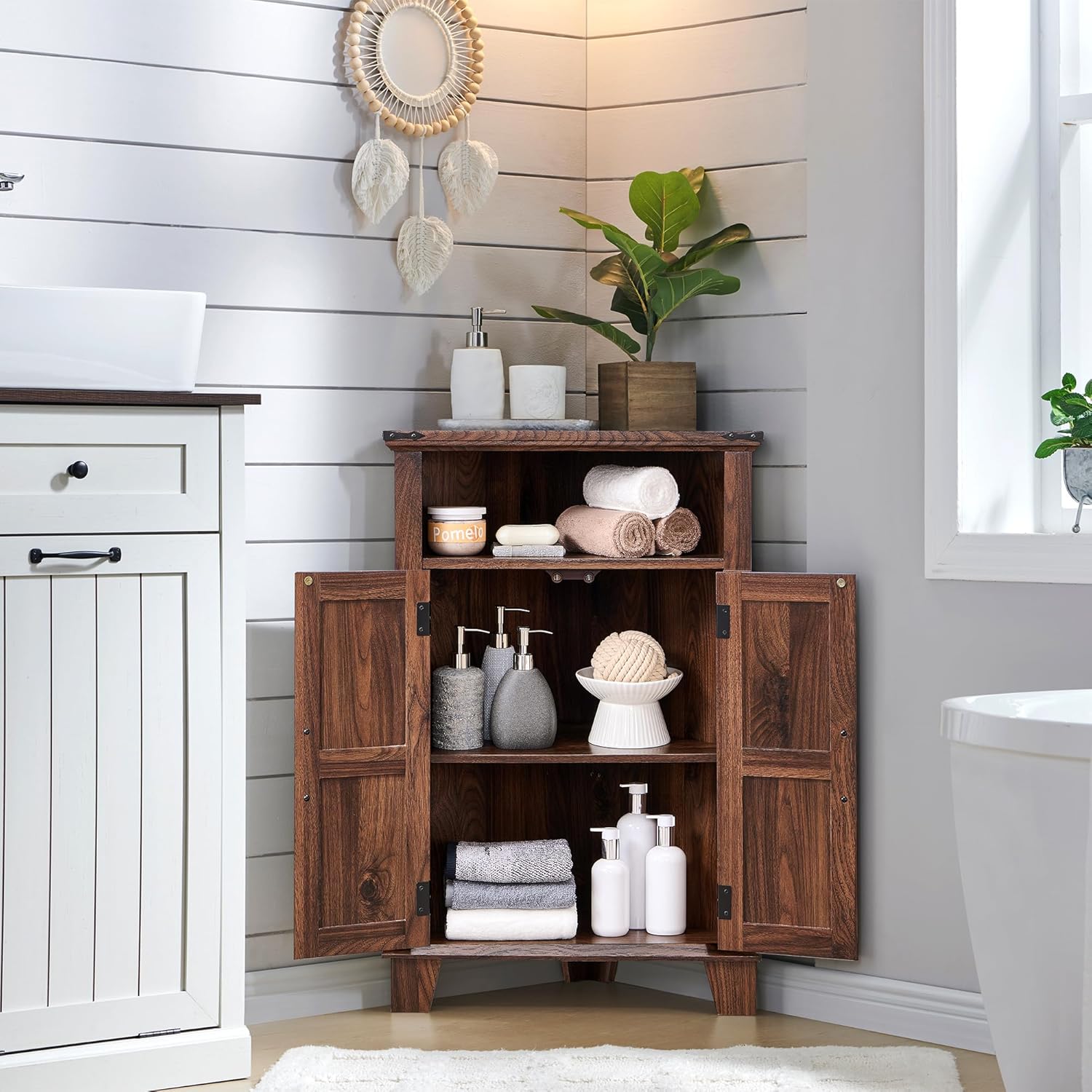 Corner Bathroom Cabinet, Farmhouse Small Cabinet with Barn Door & Adjustable Shelf, Storage Cabinets for Bathroom, Kitchen & Living Room, Brown