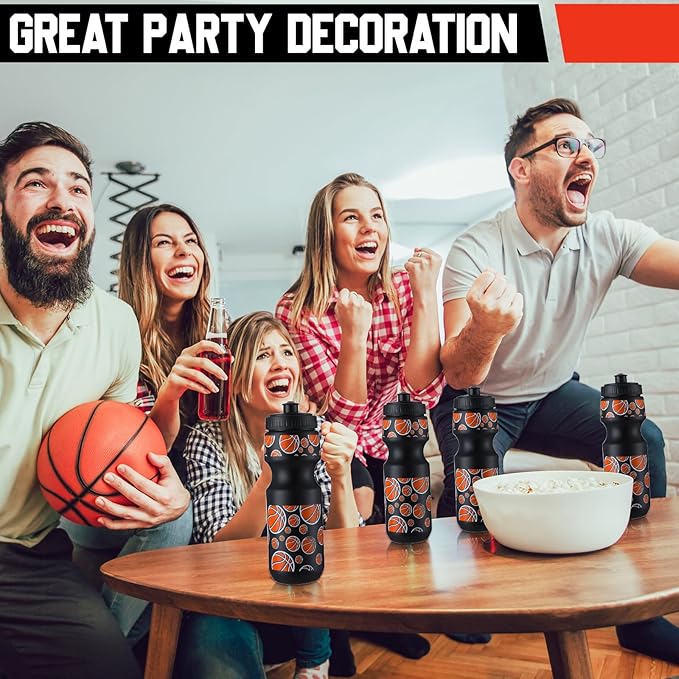 24 Pcs 24 oz Basketball Water Bottle Bulk and Drawstring Bag Set 12 Reusable Plastic Biking Water Bottle Tumbler 12 Sport Gym Goodie Gift Bag for Party Favor (Orange, Black)
