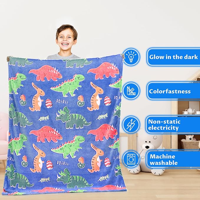 Dinosaur Blanket for Boys Glow in The Dark Blanket Dino Throw Birthday Gifts for Kids Toddlers Soft Warm Cozy Cute Dinosaur Gifts for Girls Dinosaur Room Decor Glowing Blanket