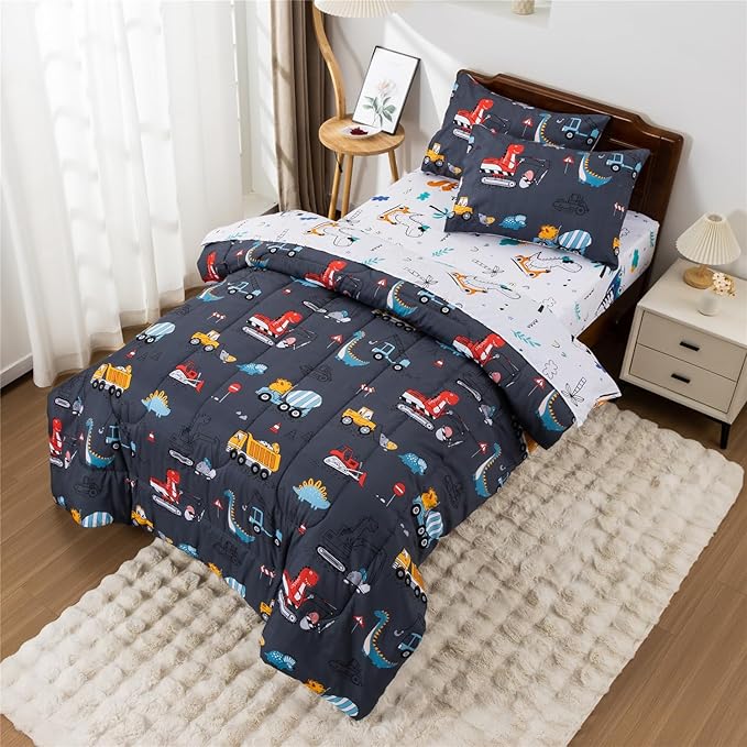 Meeting Story Construction Truck Car Full Comforter Set for Boys,5 Pieces Dinosaur Bedding Set with Sheets and Pillowcases，Excavator Lightweight Microfiber Bedding Sets（Grey，Full5pcs）