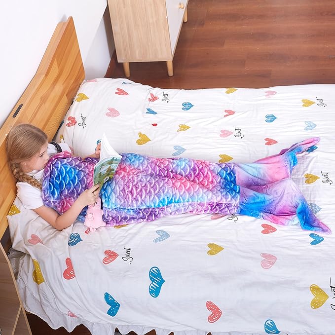 Catalonia Kids Mermaid Tail Blanket, Super Soft Plush Flannel Sleeping Snuggle Blanket for Girls, Rainbow Tie-dye, Fish Scale Pattern, Gift Idea