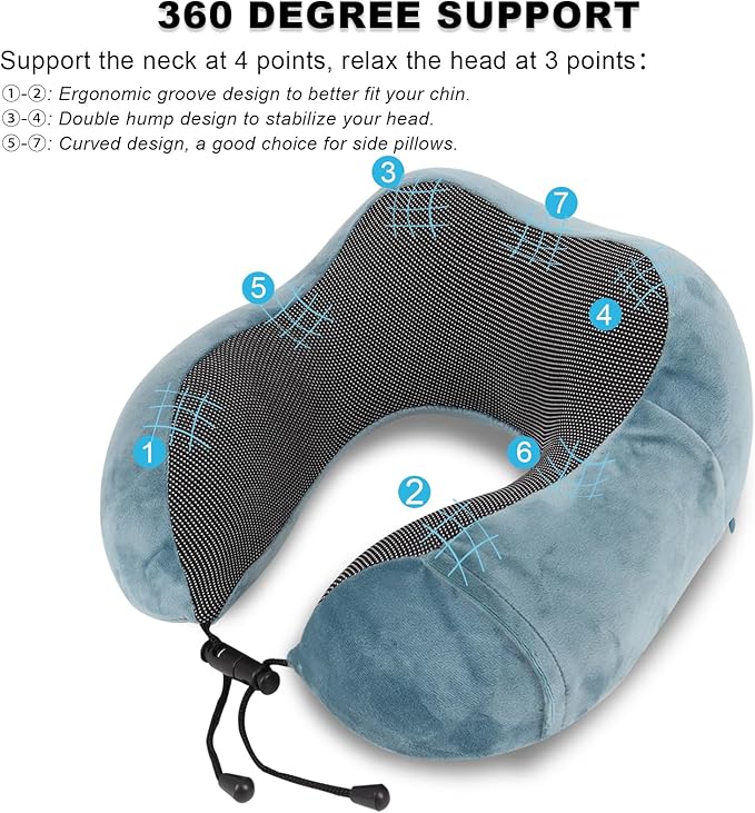 Pure Memory Foam Travel Pillow Set for Adults - Comfortable & Breathable Removable Cover, Airplane Travel Kit with Eye Mask & Portable Storage Bags for Plane Accessories - Blue