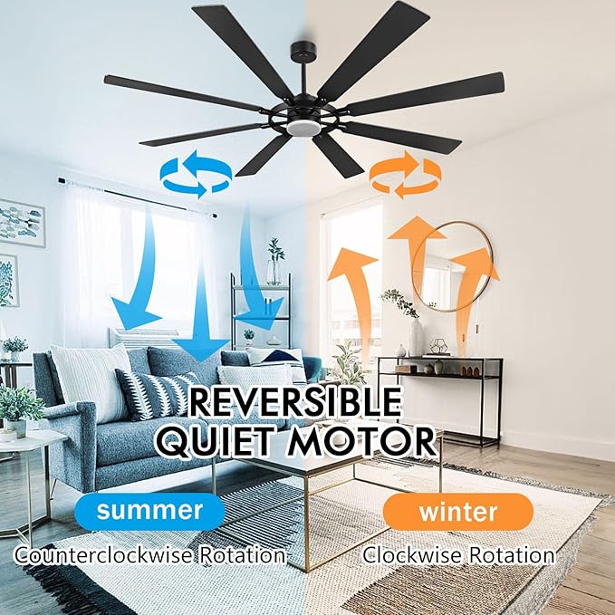 72" Ceiling Fan with Lights and Remote Control, Wood 8 Blades 6-Speed Noiseless Reversible DC Motor, 3 Downrods, Modern Large Ceiling fan for Covered Patio Bedroom Dining Living Room, Black