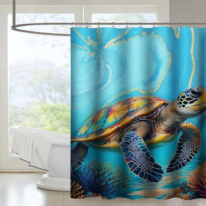 AILONEN Kawaii Sea Turtle Shower Curtain,3D Ocean Animal Themed Bath Curtain Cloth Fabric Bathroom 72" W*96" H Inch,12 Pack Hooks for Kids Child,Colorful Marble Style Bathroom Curtain