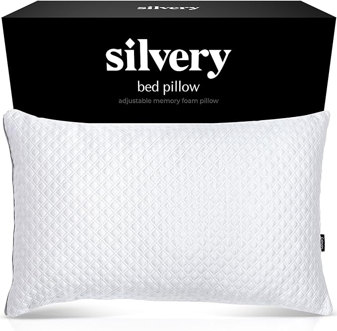 Silvery Memory Foam Bed Pillow - Patent-Pending Clean & Cool Technology - Adjustable Pillows for Side, Back & Stomach Sleepers, Queen Size 19” x 29”
