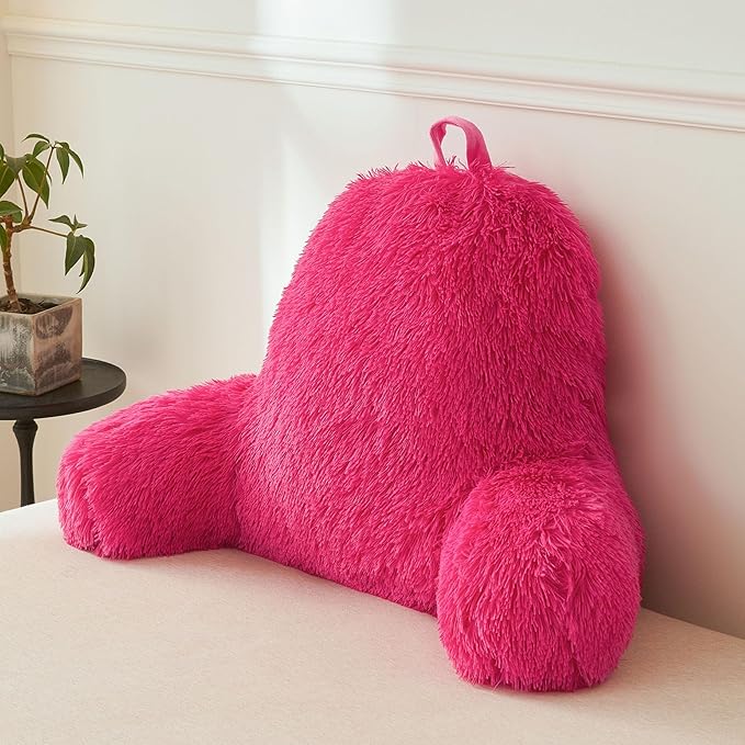 XeGe Fluffy Back Support Pillow Cover for Bed (No Filler), Faux Fur Backrest Pillow Case for Sitting in Bed, Furry Reading Pillow Cover for Adults Kids, Fuzzy Sit Up Pillow for Floor Chair, Hot Pink