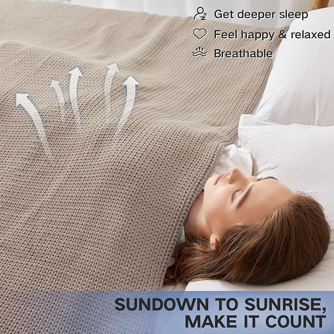 Knitted Weighted Blanket(Beige 50"x75" 12lbs),Home Décor Cooling Throw Blanket for Hot Sleepers,Hand Made Chunky Knit Heavy Blanket for Adults Use on Full Size Bed