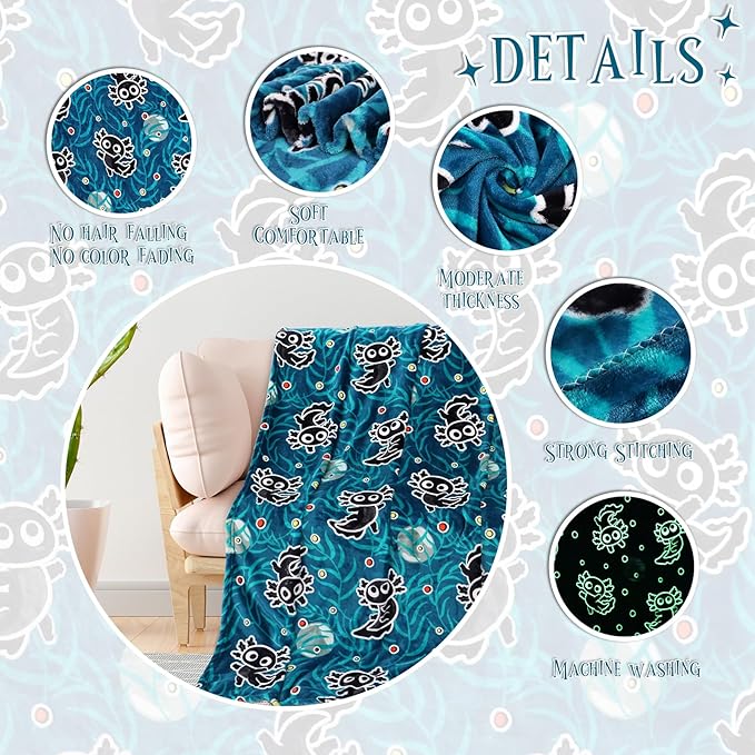 BORORO Black Axolotl Gifts Glow in The Dark Blanket Cute Axolotl Blanket for Boys Girls