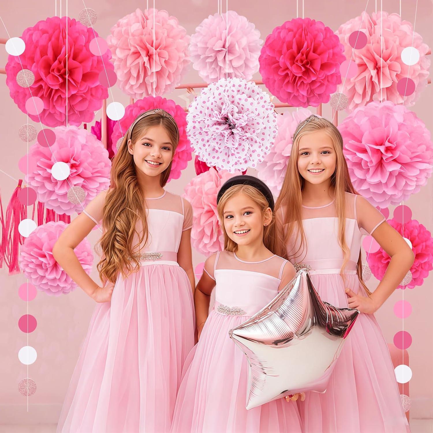 Pink Party Decorations,16 PCS Tissue Paper Pom Poms Dots Paper Garland Hanging Decoration for Pink Theme Birthday Decorations Bridal Shower Wedding Engagement Gender Reveal Celebration