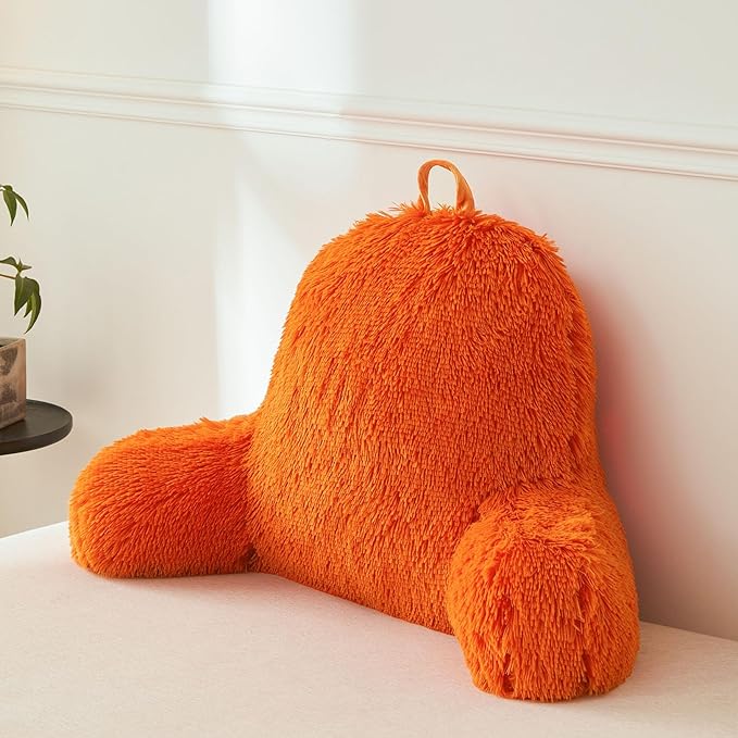 XeGe Fluffy Back Support Pillow Cover for Bed (No Filler), Faux Fur Back Rest Pillow Case for Sitting in Bed, Furry Reading Pillow Cover with Arms Adults Kids, Fuzzy Sit Up Pillow Floor Chair, Orange