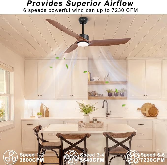 Ohniyou 56 Inch Ceiling Fan with Lights, Modern 3 Blades Ceiling Fan with Remote/APP Control Dimmable 3 CCT, Walnut Indoor Outdoor Ceiling Fan for Covered Patios Farmhouse Living Room