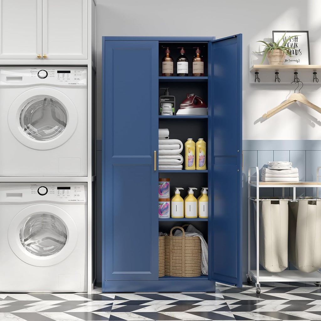 Kitchen Pantry Cabinet,71”Blue Metal Pantry Storage Cabinets with Doors and 4 Adjustable Shelves,Kitchen Cabinet with 2 Gold Handles,Tall Cabinet for Livingroom,