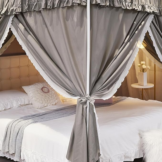 Ruffle Lace up 4 Corners Post Princess Curtain Bed Canopy Cozy Breathable Mosquito Net Cloth for Girls Adults Bedroom Decoration (Grey, 59" W*82" L*82" H/Queen)