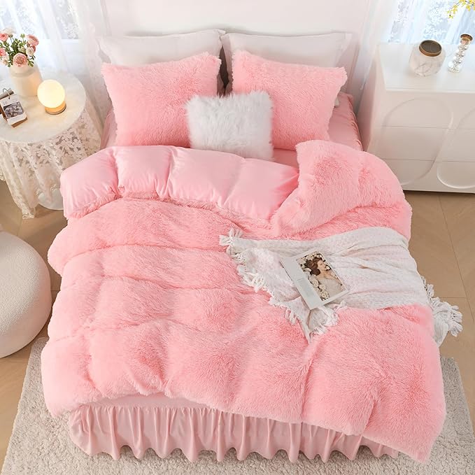 Litanika Fluffy Pink Comforter King Size, Luxury Shaggy Faux Fur Bedding Set Cute for Women Girls, Ultra Soft Velvet Plush Comforter King Bed 3 Pieces(1 Fuzzy Comforter 104×90 Inch, 2 Pillowcases)