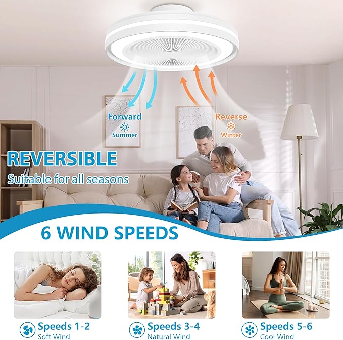 Bladeless Ceiling Fans with Lights, 20" Low Profile Ceiling Fan with Alexa/Google Assistant/APP Control 6 Speeds, Modern Flush Mount RGB Ceiling Fan LED Dimmable Light，White