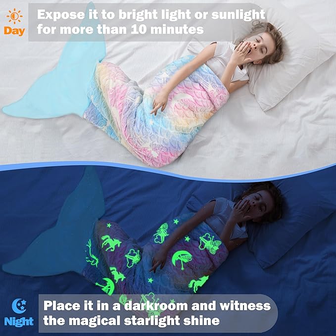 Catalonia Mermaid Tail Blanket for Girls, Glow in The Dark Mermaid Sleeping Bag for 3-14 yrs Kids, Birthday Gift for Daughter
