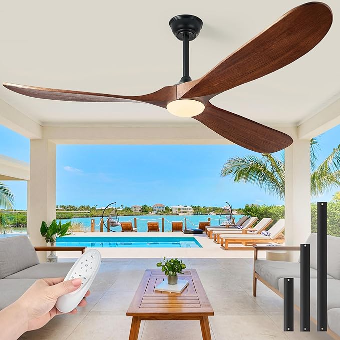 72 Inch Ceiling Fans with Lights, Solid Wood Propeller Large Ceiling Fans with Lights and Remote Control Modern Outdoor Ceiling Fan for Patios Gazebo Farmhouse Indoor High cfm ETL, Dark Walnut