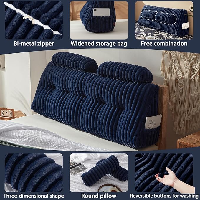 Faux Fur Headboard Pillow with 2 Pack Neck Roll Pillow Large Headboard Pillow Soft and Supportive with Removable Cover (Blue, Queen)