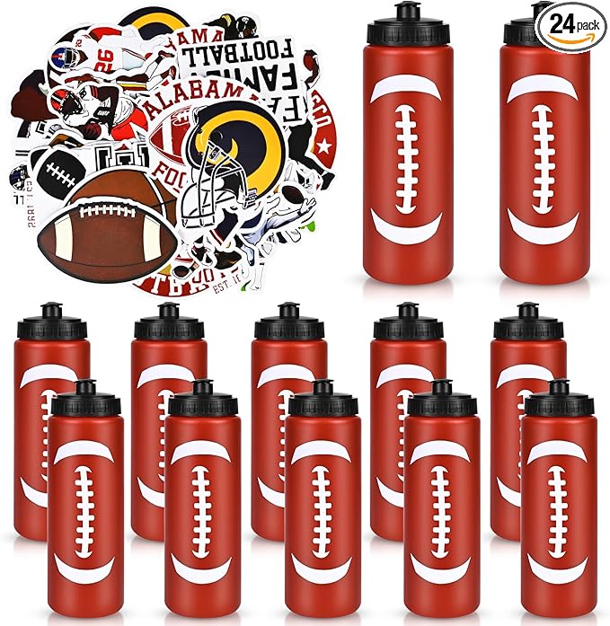 12 Pack Bulk Football Sports Water Bottle with 12 Pack Sticker Gift Set, Squeeze BPA-Free Reusable Water Bottles for Football Team Party Favors Gift（20OZ）