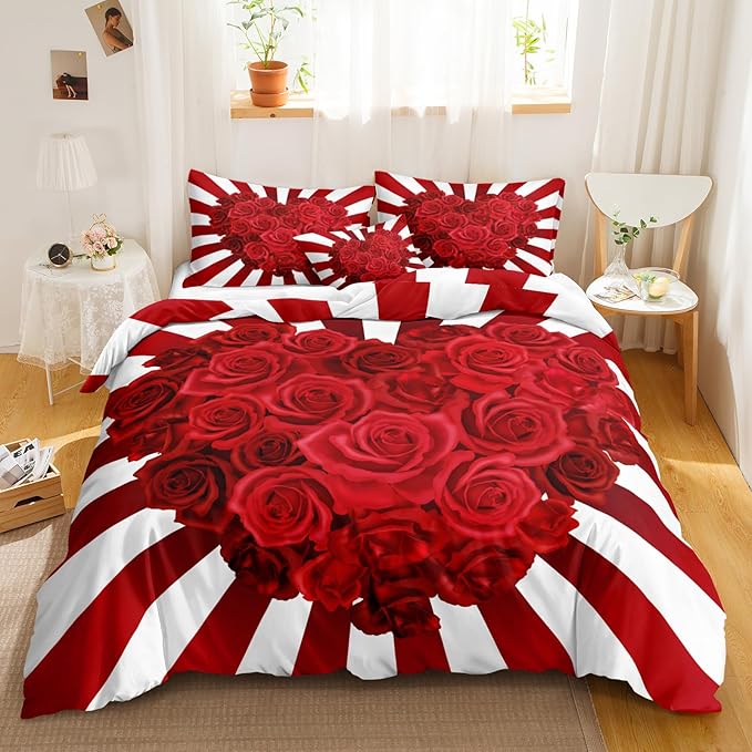 Bedbay Rose Flowers Queen Comforter Set Floral Bedding Set for Girls Teen Red Rose Love Heart Printed 4 Pieces Girls Queen Bedding Set Romantic Lovers Couple Bedding Set (Red Heart,Queen)