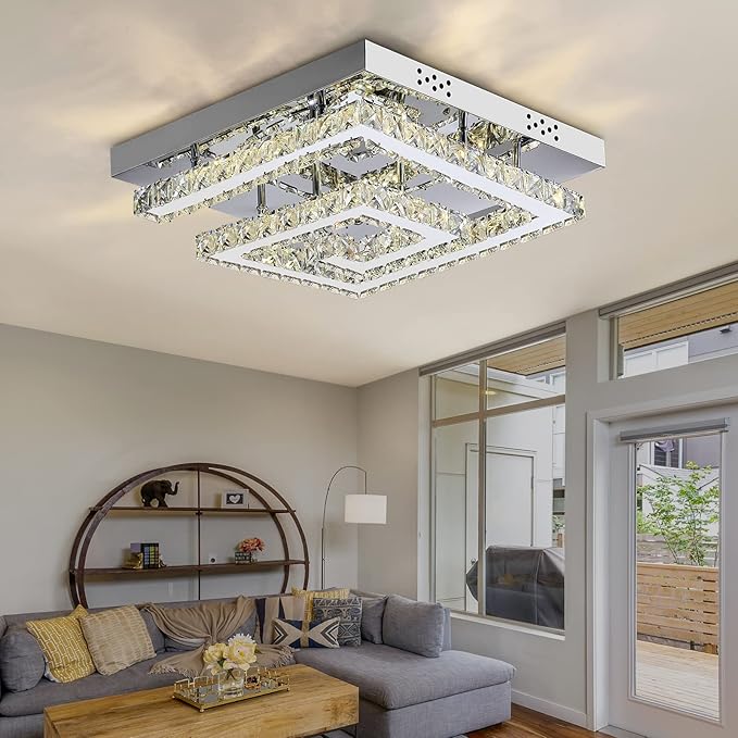 16" Modern Crystal Chandelier, Adjustable Led 3 Color Dimmable Ceiling Light 2 Layers Square Flush Mount Ceiling Lamp for Bedrooms Dining Rooms Living Room Kitchen Staircase Hallway(Dimmable)