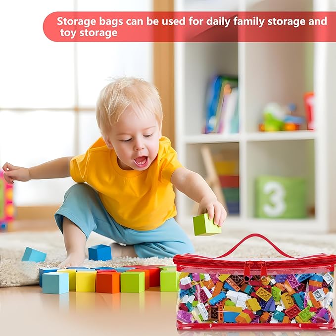 3 Packs Clear Toy Storage Bags- 9.4 x 6.7 x 4.3 Inch Transparent PVC Toy Organizing Bags with Zipper- Waterproof Toy Storage Organizer Pouch for Building Blocks, Small Toys (Red)