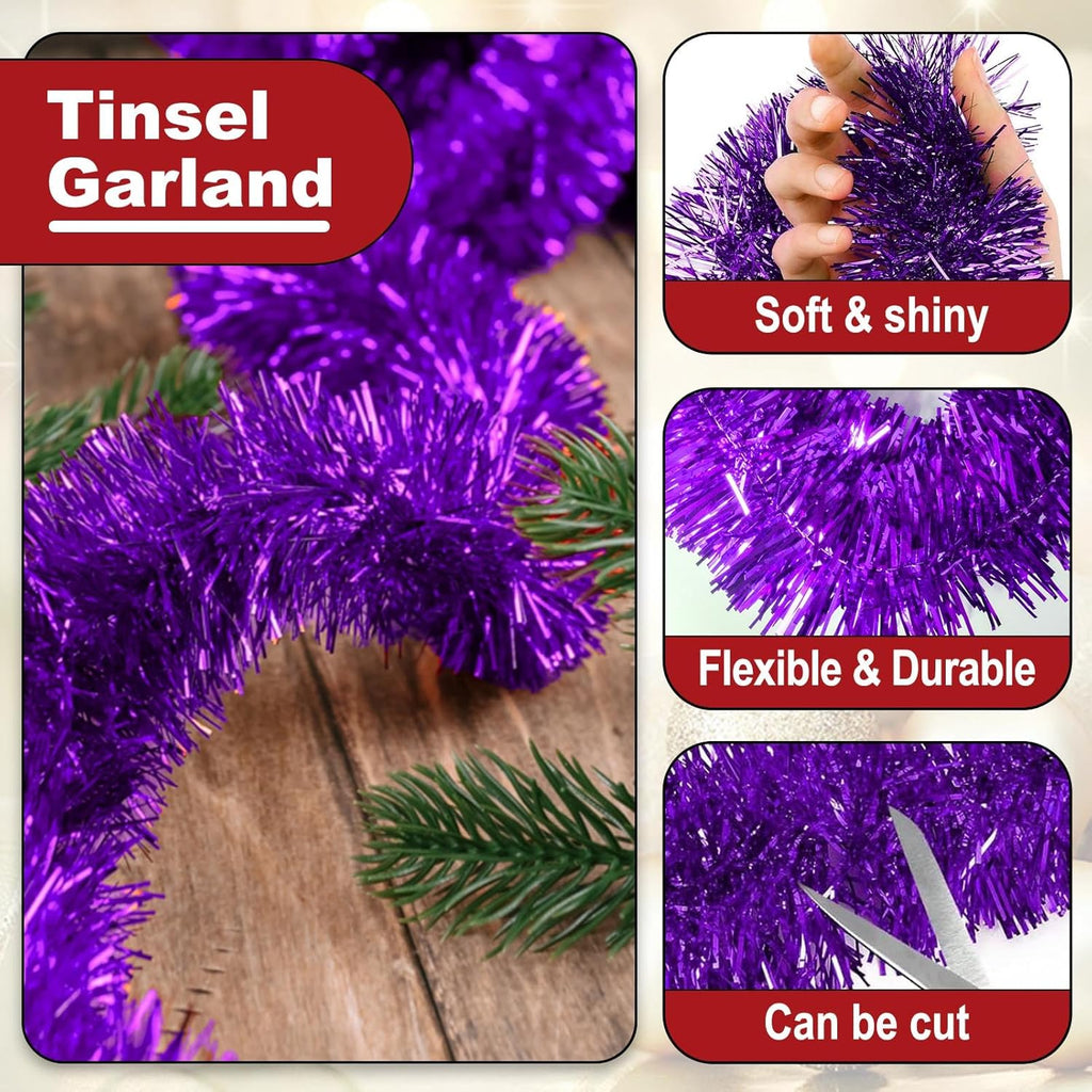 25 Feet Metallic Twist Tinsel Garland Wall Hanging Backdrop for Parade Floats, Christmas Eve, New Year, Valentine's Day Party Decorations (Purple, 4in x 25ft)