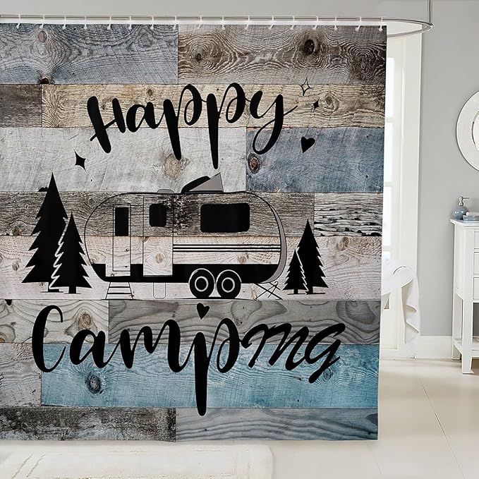 Feelyou Camper Shower Curtain Camping Bathroom Shower Curtain Set Happy Camping Bath Curtain for Kids Boys Girls Camping Car Kids Bathroom Accessories 72"x78"
