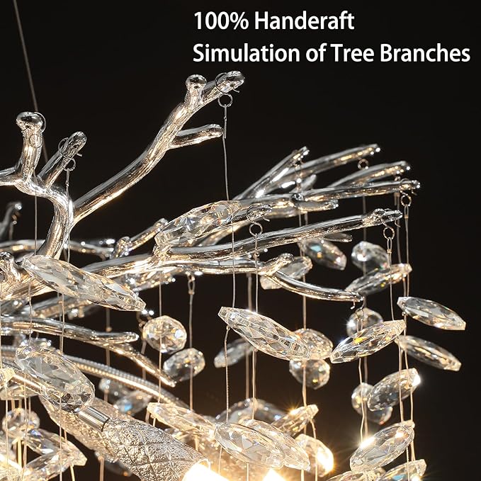 Modern Crystal Chandelier for Dining Room,Silver Tree Branch Chandeliers,Round Luxury Raindrop High Ceiling Chandelier Fixture Hanging Pendant Light Fixtures - 30 inch, 5 Year Warranty