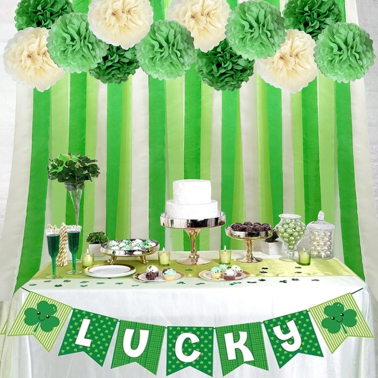 Sage Green Party Streamers Decorations Paper Pom Poms for Birthdays, Bridal or Baby Showers,Engagement, Boho Wedding, Greenery Party Decor