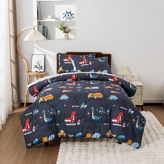 Meeting Story Construction Truck Car Full Comforter Set for Boys,5 Pieces Dinosaur Bedding Set with Sheets and Pillowcases，Excavator Lightweight Microfiber Bedding Sets（Grey，Full5pcs）