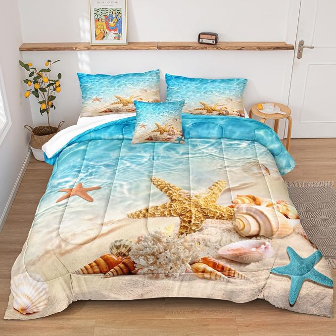 Bedbay California King Comforter Set Beach Comforter Set Starfish Marine Life Turquoise Ocean Bedding Comforter Set California King Soft Microfiber Beach Bed Comforter4 Pcs(104" Wx96 L)