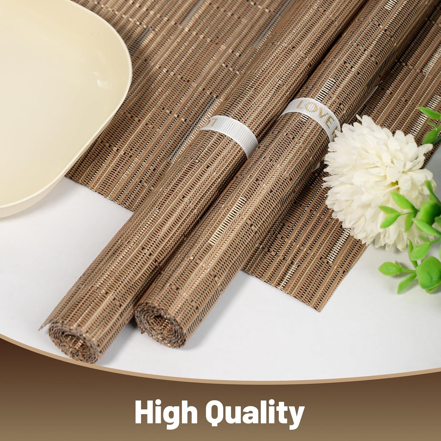 Placemats Set of 12，Non-Slip PVC Weave Table Mats Easy to Clean，Heat Resistant Place Mats for Kitchen Dining Table Decoration Indoor Outdoor，Light Brown