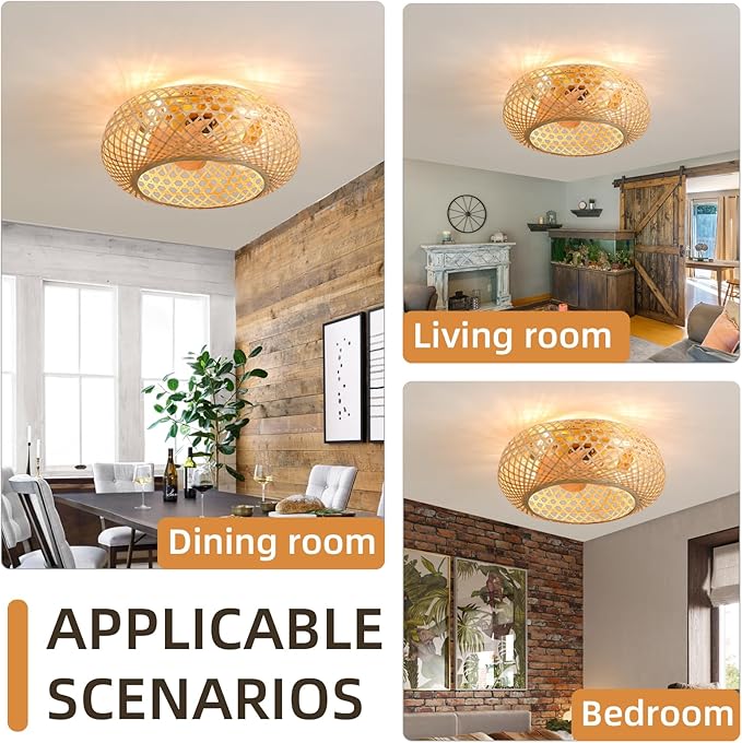 NicBex Ceiling Fan 20 Inch Ceiling Fans with Lights Bamboo Woven Ceiling Fan with Blades and Remote Control Flush Mount Ceiling Fans for Bedroom, Living Room, Natural