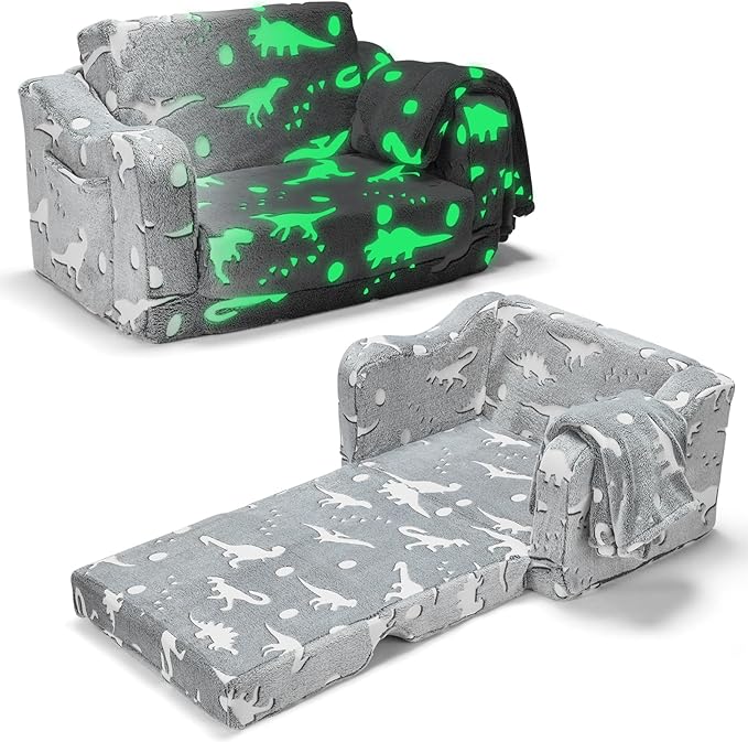 2-in-1 Toddler Chairs Comfy, Toddler Couches That Fold Out,Glow in The Dark, Extra Wide Kids Chairs for Toddler, Baby Couch for 1-3 Year Old, Gifts for Girls & Boys, Gray