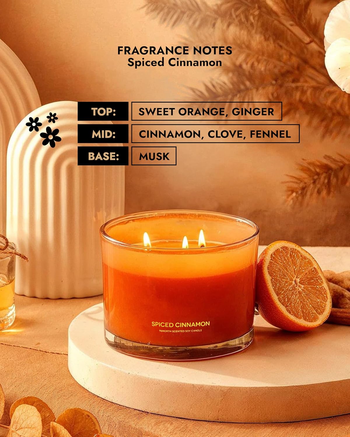 96NORTH Luxury Spiced Cinnamon Candle | Large 3 Wick Jar Candle | Up to 50 Hours Burning Time | 100% Natural Soy Wax | Relaxing Aromatherapy Aesthetic Candles | Housewarming Gift for Men and Women