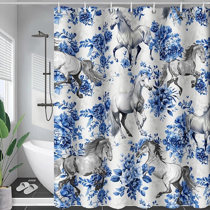 AILONEN Blue Floral Horse Shower Curtain,Farm Animal Printed Galloping Horse Bath Curtain,Minimalist Flower Girls Women Bathroom Curtain Decor, 72" W x 84" H