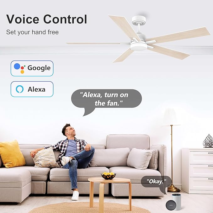 60” Smart Ceiling Fan with Lights Remote,Control via Alexa Google Voice App Wifi,Silent DC Motor,Dimmable,Outdoor Indoor Modern Ceiling Fans for Large Bedroom Patio Porch,White and Wood
