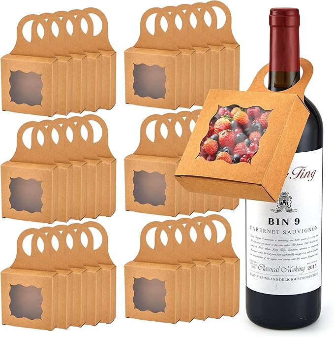 30pcs Wine Bottle Box with Window, Kraft Paper Hanging Box Foldable Decor Wine Bottle Hanging Favor Boxes Gift Boxes for Holding Party Birthday Candy Truffles Chocolate Cookies