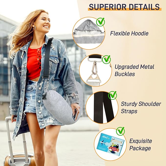 Stuffable Neck Pillow for Travel with Hood, Hoodie Travel Neck Pillow Stuffable with Clothes, Fillable Travel Pillow Storage Bag, Soft Empty Neck Pillow Case, Packable for Airplane Travel Essentials