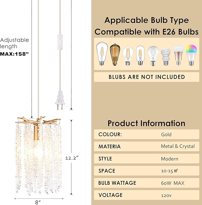 MO&OK Plug in Crystal Chandelier 3 Light with 15Ft Cord Modern Pendant Light for Bedroom Mini Antler Hanging Lamp for Kitchen Island Dinning Bedrooms and Hallway