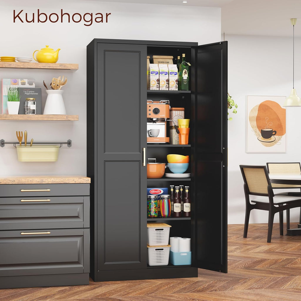 71" Tall Metal Pantry Cabinet, Black Kitchen Pantry Storage Cabinet with 4 Adjustable Shelves and Gold Handles, Cupboard for Kitchen, Dining Room, Living Room, Bathroom